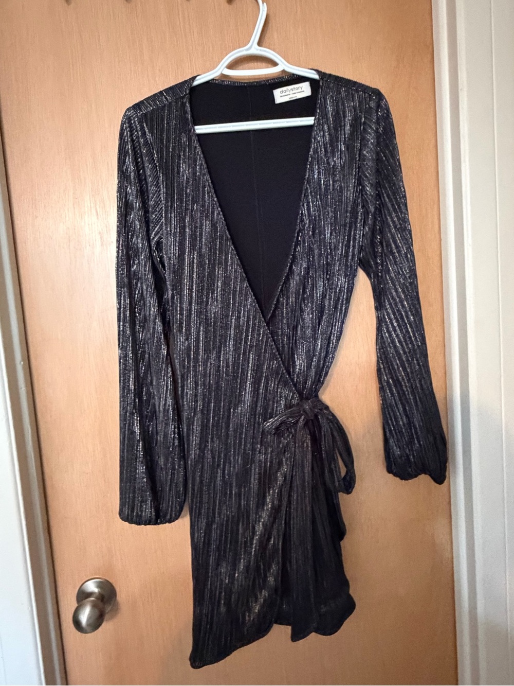 Long-Sleeve Metallic Black Wrap Dress with Tie Waist